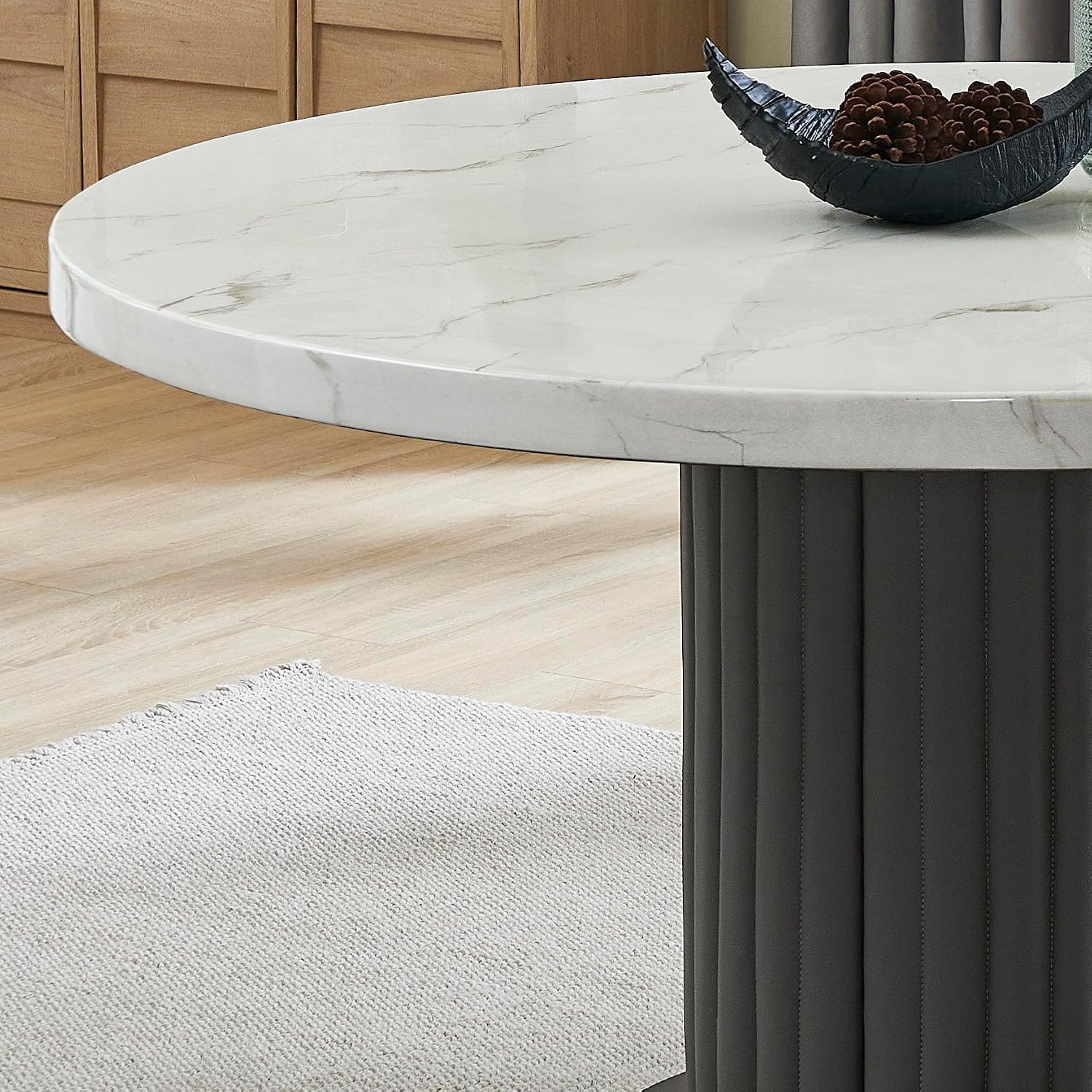 54" Round Dining Table White Faux Marble Top Gray PVC-Upholstered Pedestal Column Gray Wood Base, Fluted Stitching, Foam Padding, Sturdy MDF & Plywood, Modern Contemporary Kitchen Dining, Seats 6