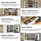 Tall Pantry Cabinet, Modern Kitchen Hutch with Microwave Stand, Kitchen Pantry Storage Cabinet with 2 Darwers & Door Shelf, Food Pantry with Glass Doors & Adjustable Shelves for Dining Room, White