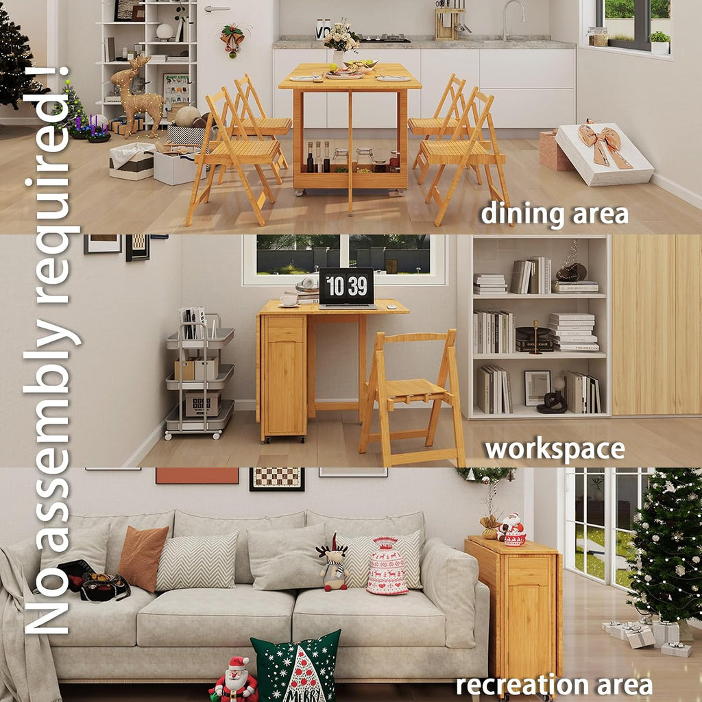 Folding Dining Table Set for 4, Foldable Kitchen Dinning Set with Chairs | Bamboo, Double Drop Leaf Device, Inside of Dinner Table Can Store Fold Chairs, Assembly Free for Compact Apartment - Wood
