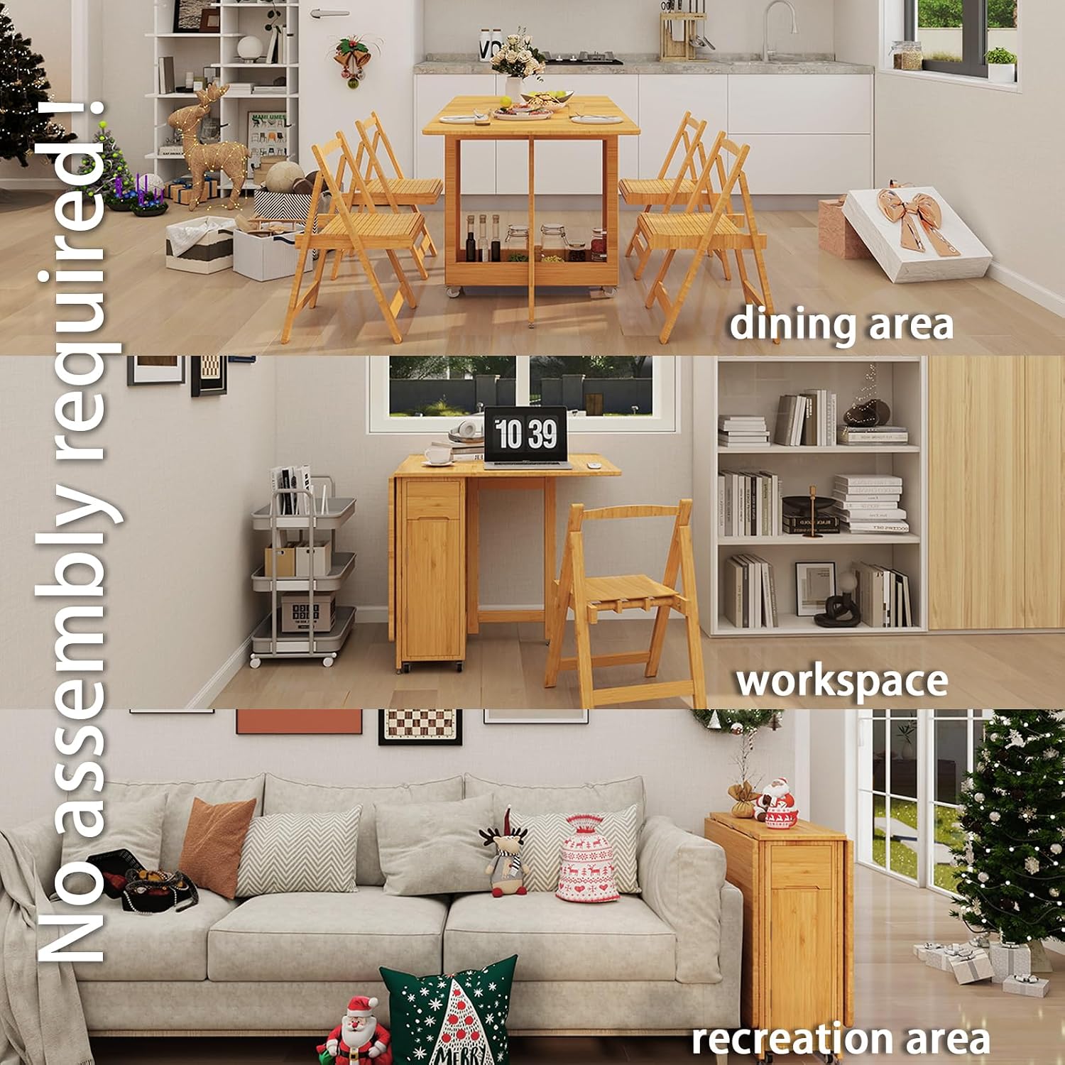 Folding Dining Table Set for 4, Foldable Kitchen Dinning Set with Chairs | Bamboo, Double Drop Leaf Device, Inside of Dinner Table Can Store Fold Chairs, Assembly Free for Compact Apartment - Wood