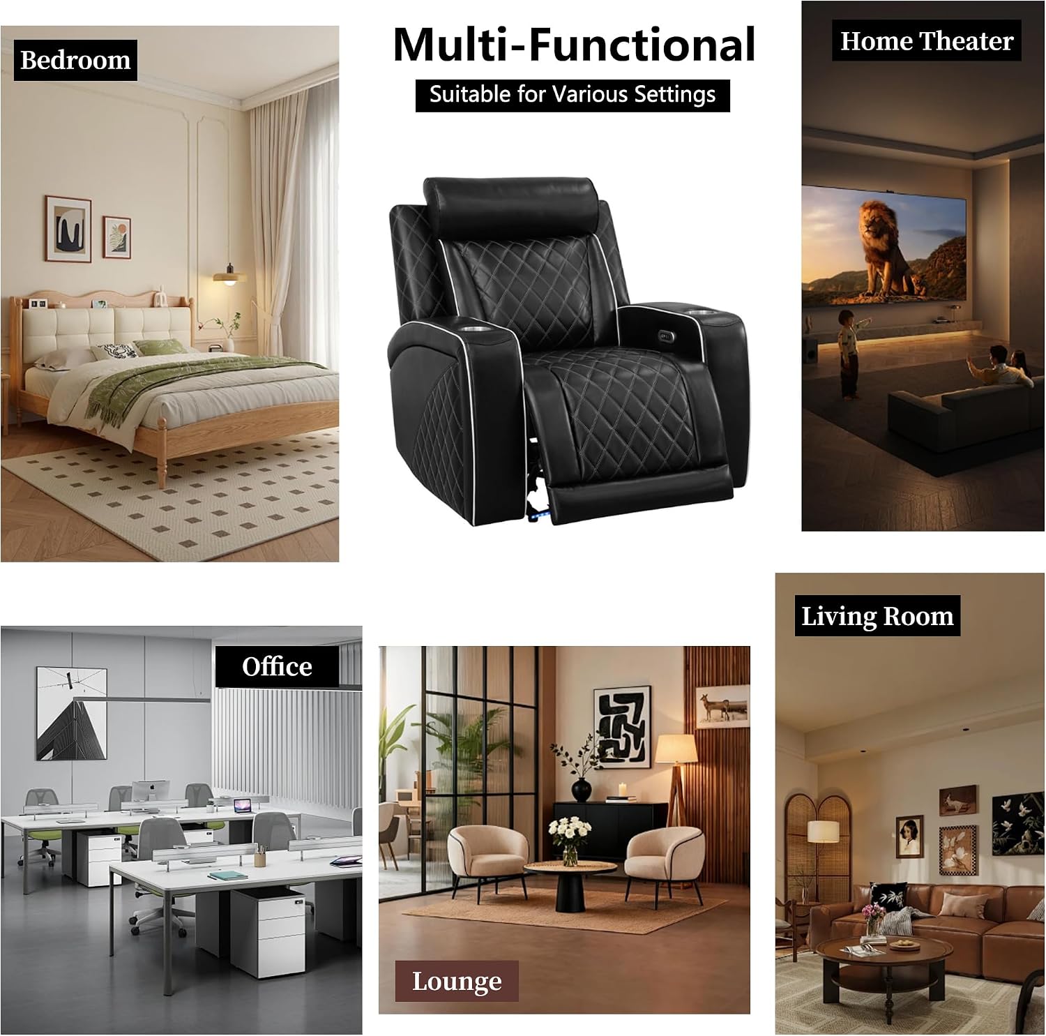 Power Recliner Sofa Set, Breathing Leather Reclining Couch Set, 3 Piece Living Room Furniture Set with LED Lights/Charging Ports/Storage for Home/Office (Black New, Sofa+Loveseat+Chair)