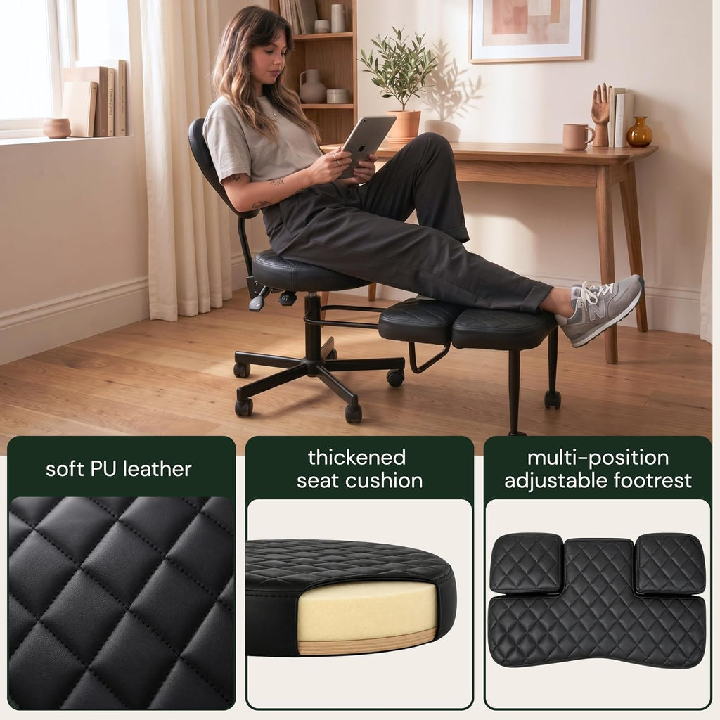 Ergonomic Cross Legged Office Chair with Foot Rest for Kneeling Seating - Crisscross Desk Chair with Wheels for ADHD to Sit Cross Legged - Multi-Position Adjustable Seat with Back Support for Women