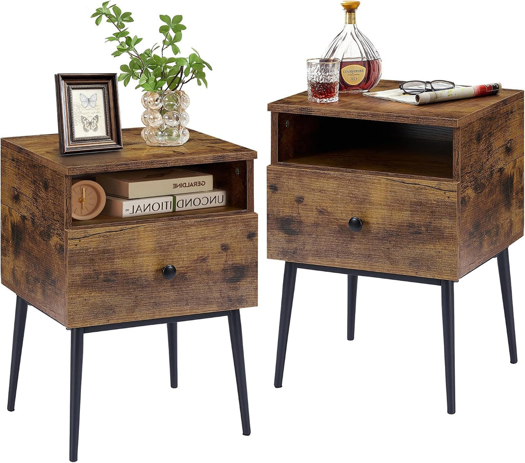 VECELO Night Stand for Bedroom Set of 2,Modern Solid Wood Nightstand with Storage Shelf and Drawer, Bedside Table End Table for Living Room,Bedroom,Entryway,Easy Assembly,Vintage Brown