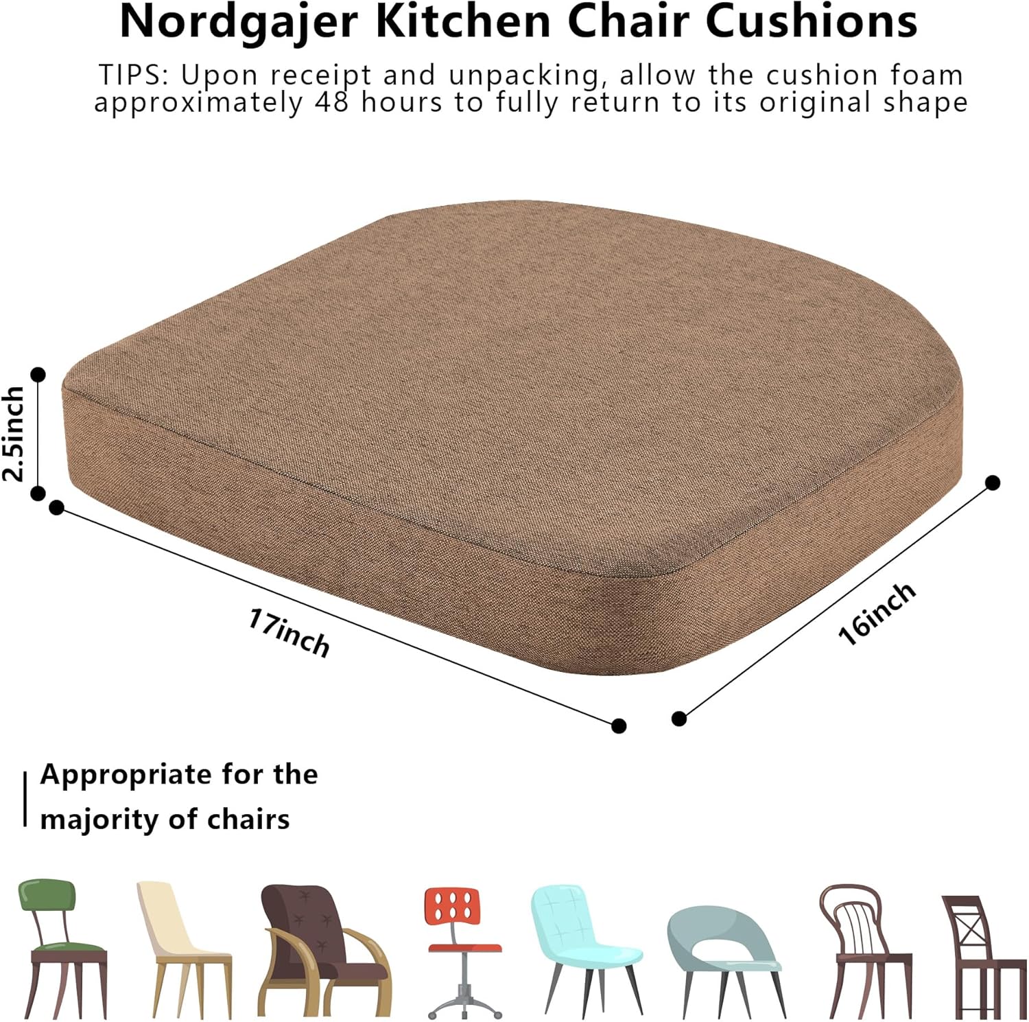Nordjager Chair Pads for Dining Chairs, Chair Cushions 2 Piece, 17"x 16"x 2.5" Memory Foam Seat Cushions with Ties and Removable Cover