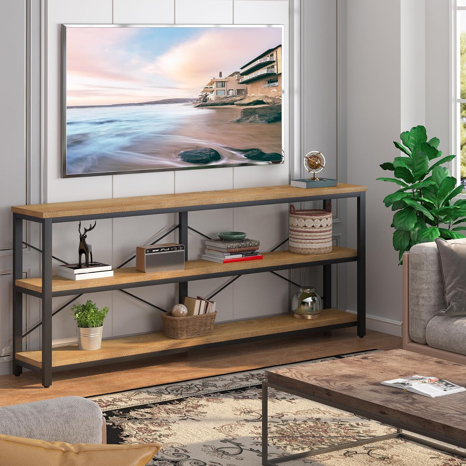 Tribesigns 71" Sofa Tables,Extra Long Couch Table, Narrow Long Console Table, Entryway Table,Sofa Table with 3 Tiers Storage Shelves (Light Brown)