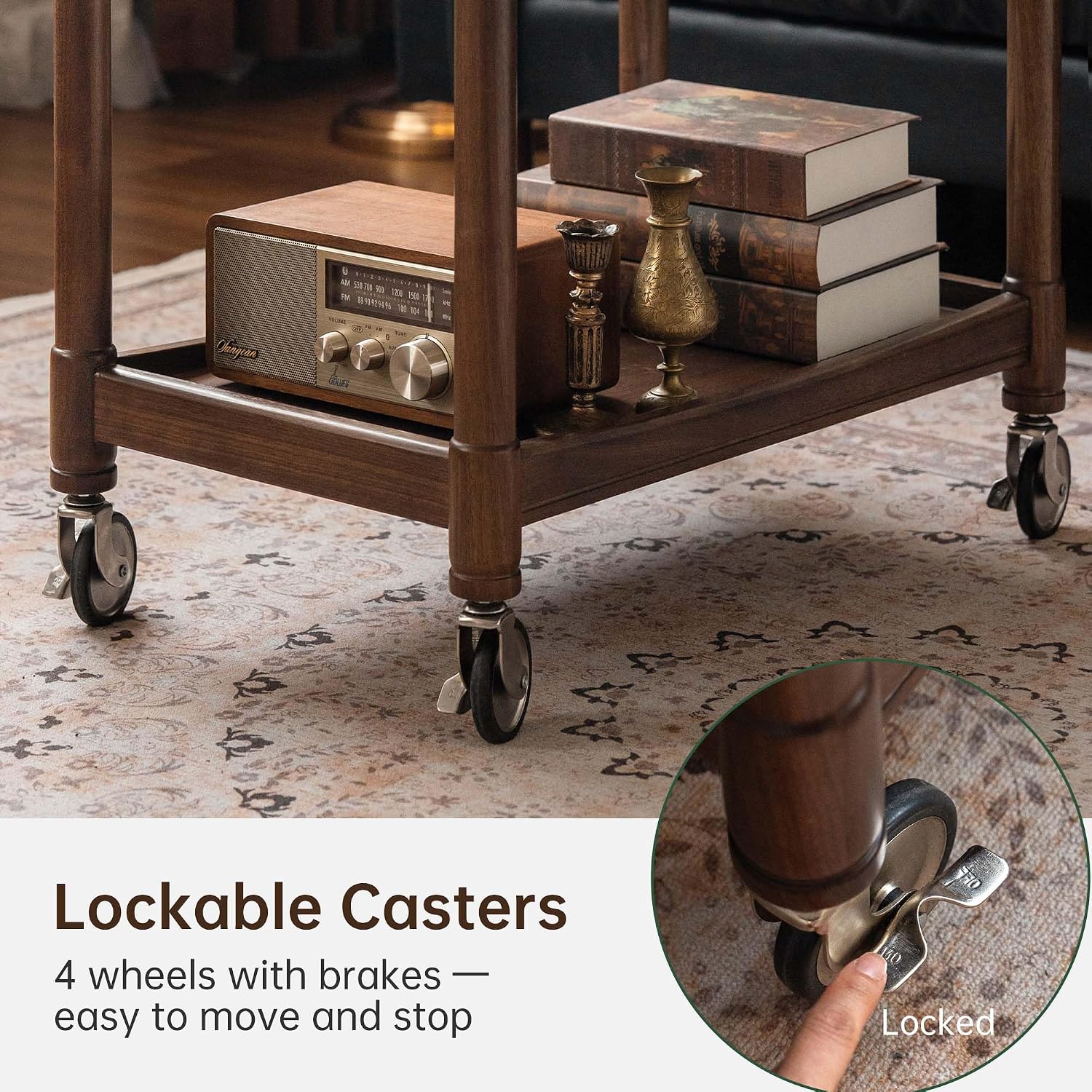YESWOOD Vintage Walnut Side Table with Lockable Wheels, 2‑Tier Rolling End Table Nightstand for Small Space Living Room Bedroom(Walnut, 27.9" D x 18.47" W x 25.15" H)