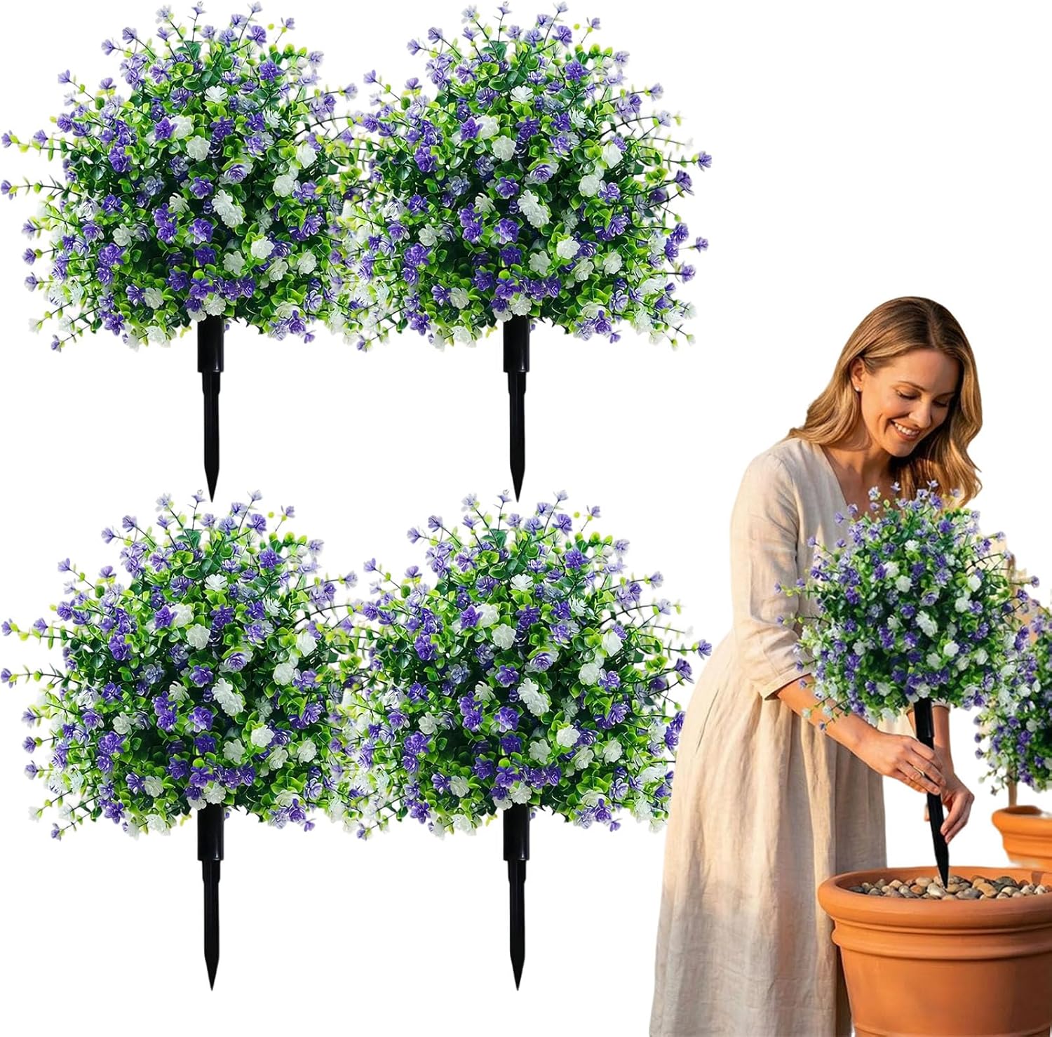 Artificial Potted Plants with Ground Stakes, UV Resistant Camellia Topiary, Outdoor Indoor Faux Shrubs, Waterproof Decorative Plants for Garden Porch Patio Yard (4)