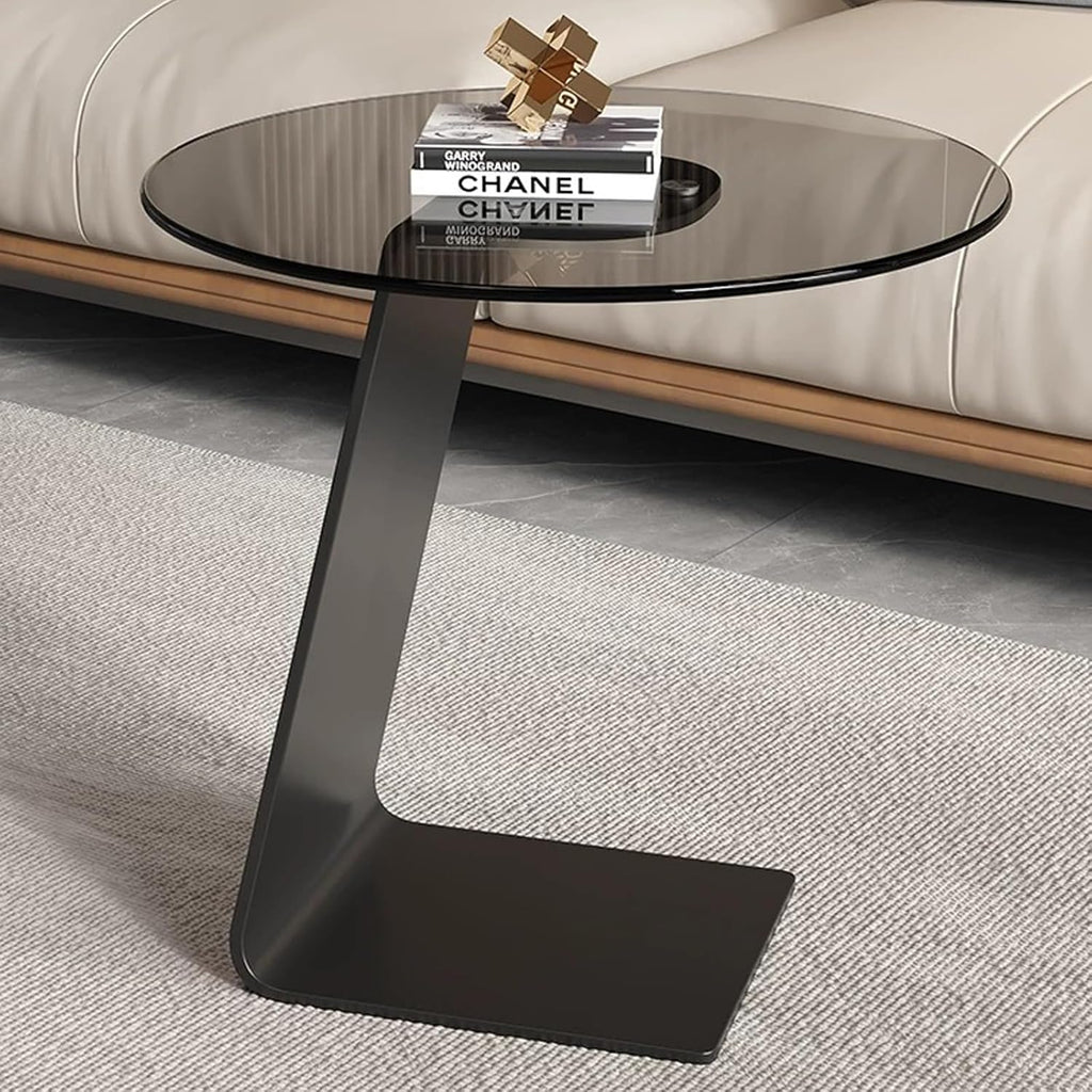 Modern C-Shaped End Table, Tempered Glass Tabletop Couch Side Table, Black Round C Table for Living Room, Bedroom, or Sofa Side – Stylish Accent Table (Grey)
