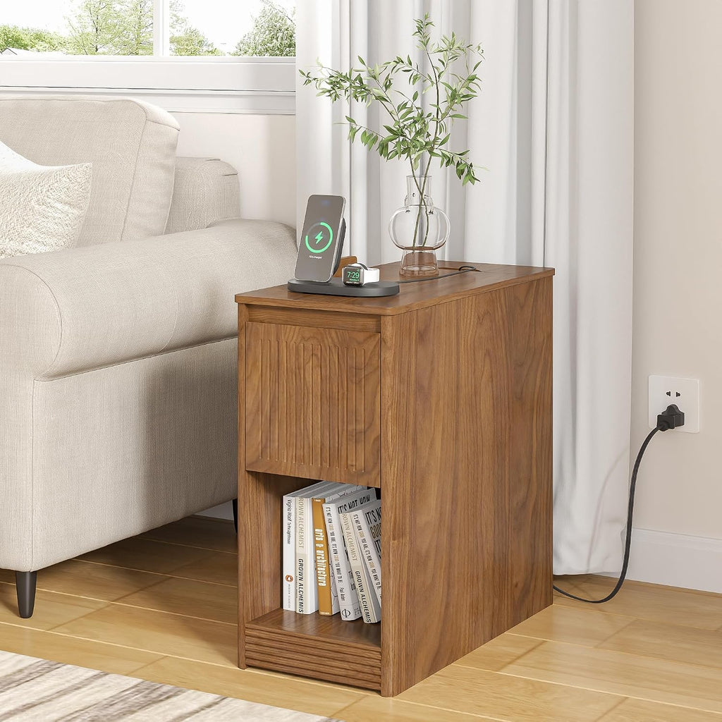 Narrow Side Table with Charging Station, End Table with Storage, Drawer and Wheels, Flip Top Small Modern Nightstand with USB Ports and Outlets for Living Room, Bedroom, Office (Walnut)