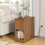 Narrow Side Table with Charging Station, End Table with Storage, Drawer and Wheels, Flip Top Small Modern Nightstand with USB Ports and Outlets for Living Room, Bedroom, Office (Walnut)