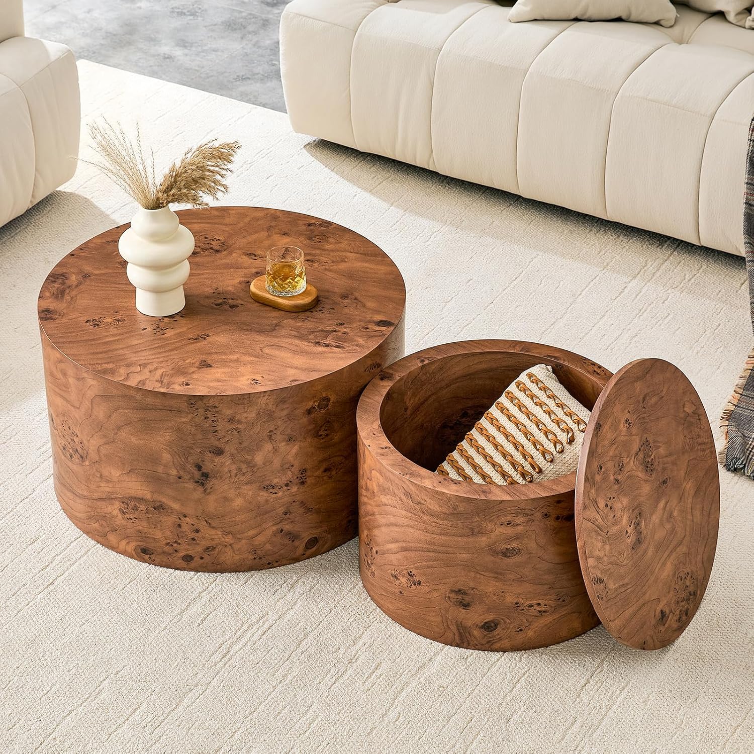 Round Nesting Coffee Tables Set of 2,Modern Coffee Table with Burl Wood Grain Finish, Round Center Table Side End Table with Storage for Living Room Office (24.8in+17.3in),Brown