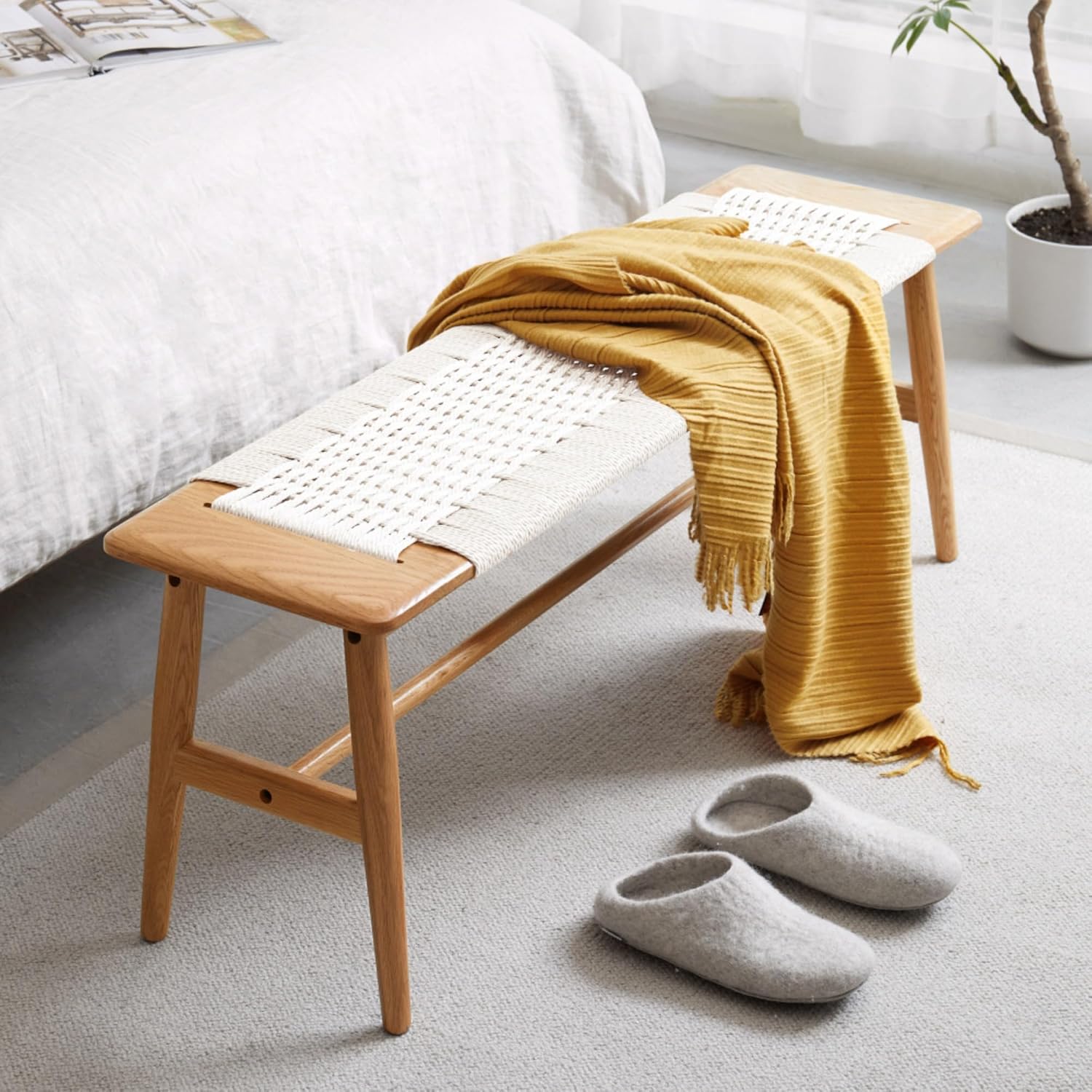Natural Solid Oak Wood Multipurpose Bench, Minimalist Armless Dining Table Bench Seat, Heavy Duty Indoor Accent Bench for Bedroom, Dining Room, Entryway & Bathroom (White)