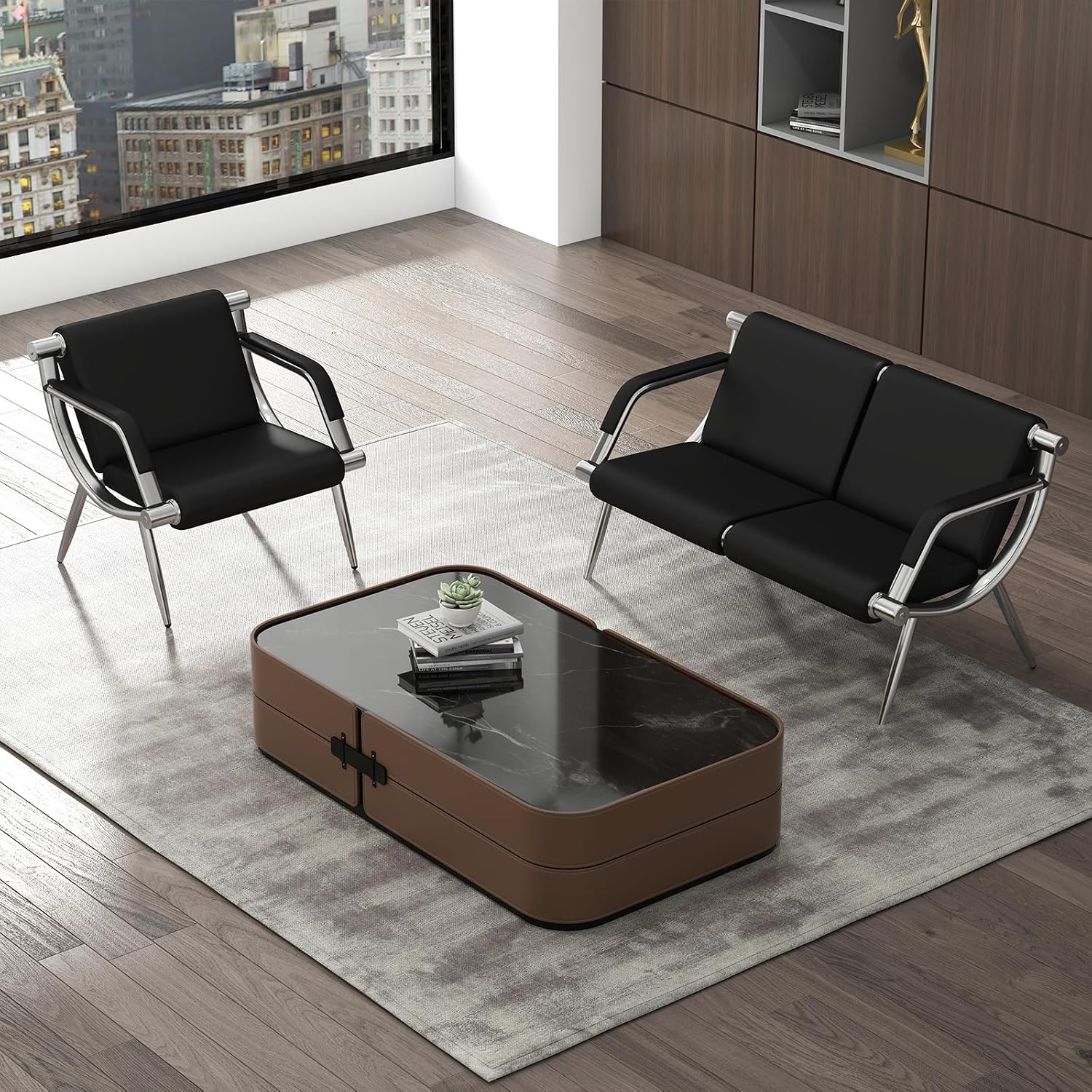 kinbor Waiting Room Chairs Office Bench - Black PU Leather Airport Seating Reception Chairs with Armrest for Waiting Room Office Bank Salon