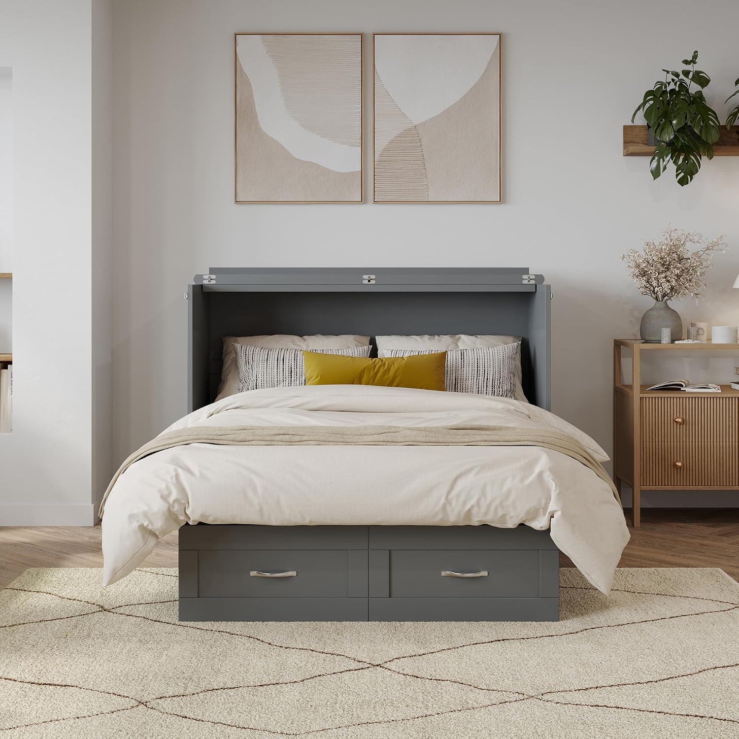 AFI, Monroe Full Murphy Bed Chest with 6" Mattress, Storage Drawer & Built-in USB Charger, Grey