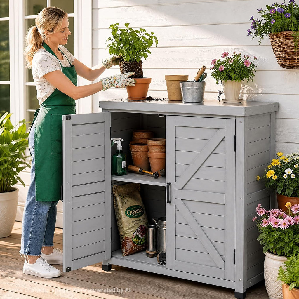 Potting Bench with Storage Cabinet and Metal Table Top for Outdoor Patio, Garden Furniture Wood Workstation (Grey, 31x17x36‘’)