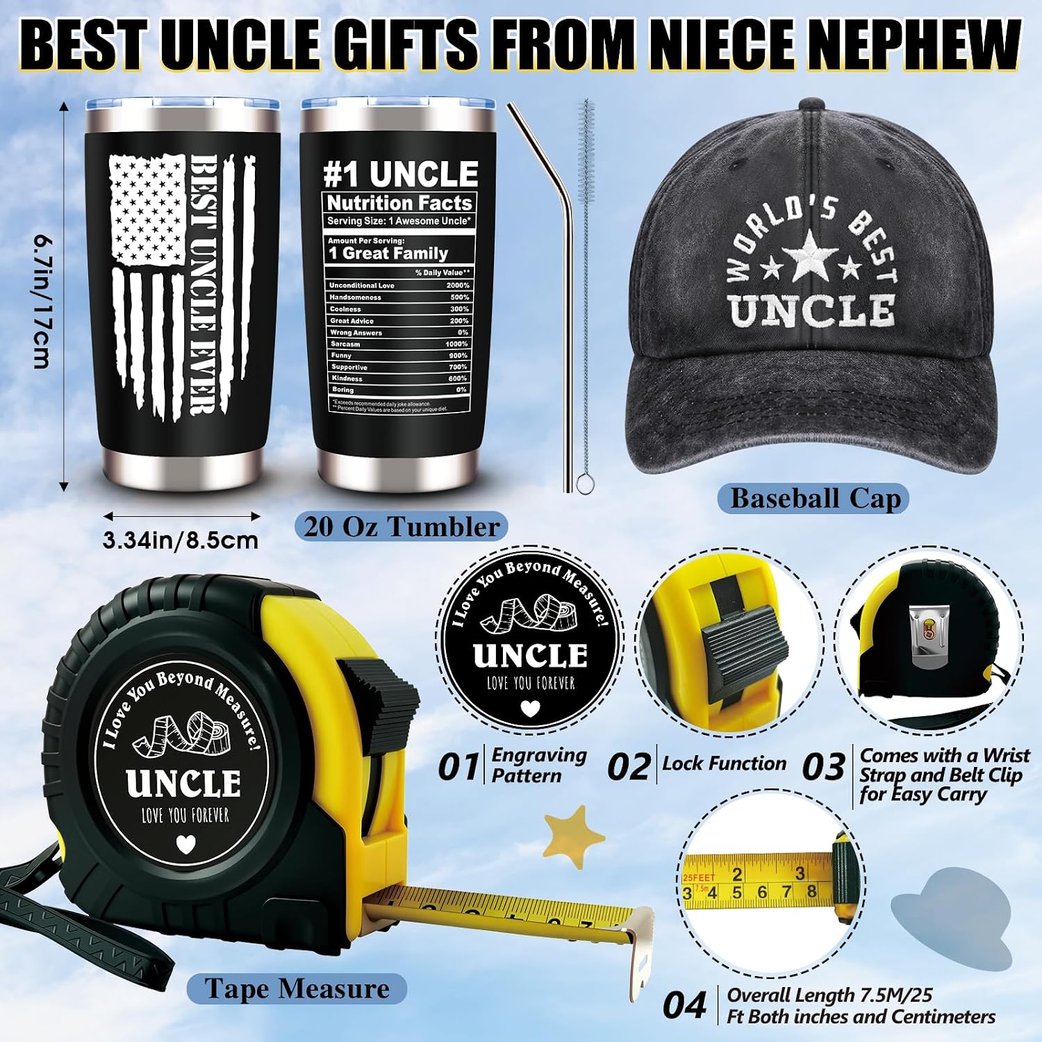 11 Pcs Best Uncle Ever Gift, Father's Day Gifts, Uncle Gifts for Men with 20 Oz Tumbler Socks Baseball Cap Tape Measure Bracelet Wallet Card Keychain, Birthday Christmas Gift from Niece Nephew