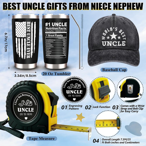 11 Pcs Best Uncle Ever Gift, Father's Day Gifts, Uncle Gifts for Men with 20 Oz Tumbler Socks Baseball Cap Tape Measure Bracelet Wallet Card Keychain, Birthday Christmas Gift from Niece Nephew