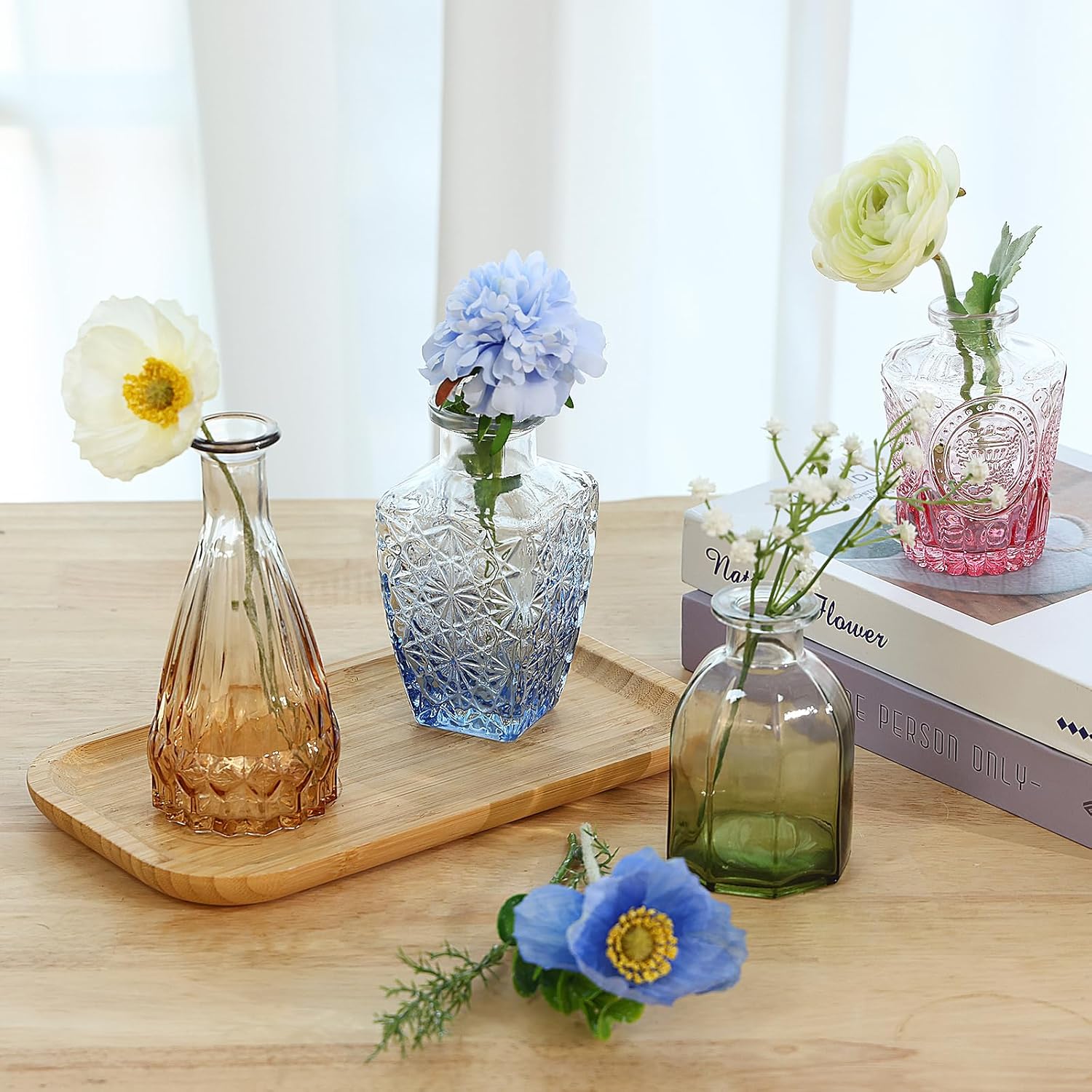 CUCUMI 12 Pack Colorful Glass Bud Vases, Small Colored Vintage Vases for Centerpieces, Decorative Flower Vases for Wedding Home Table Decor(Amber, Blue, Green, Pink)