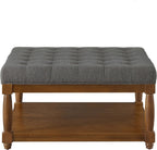 24KF Upholstered Square Coffee Table with Wooden Shelf, Tufted Button Large Square Ottoman with Spindle Wooden Legs, Linen Large Footrest Ottoman Pouf for Living Room, 5097-Granite