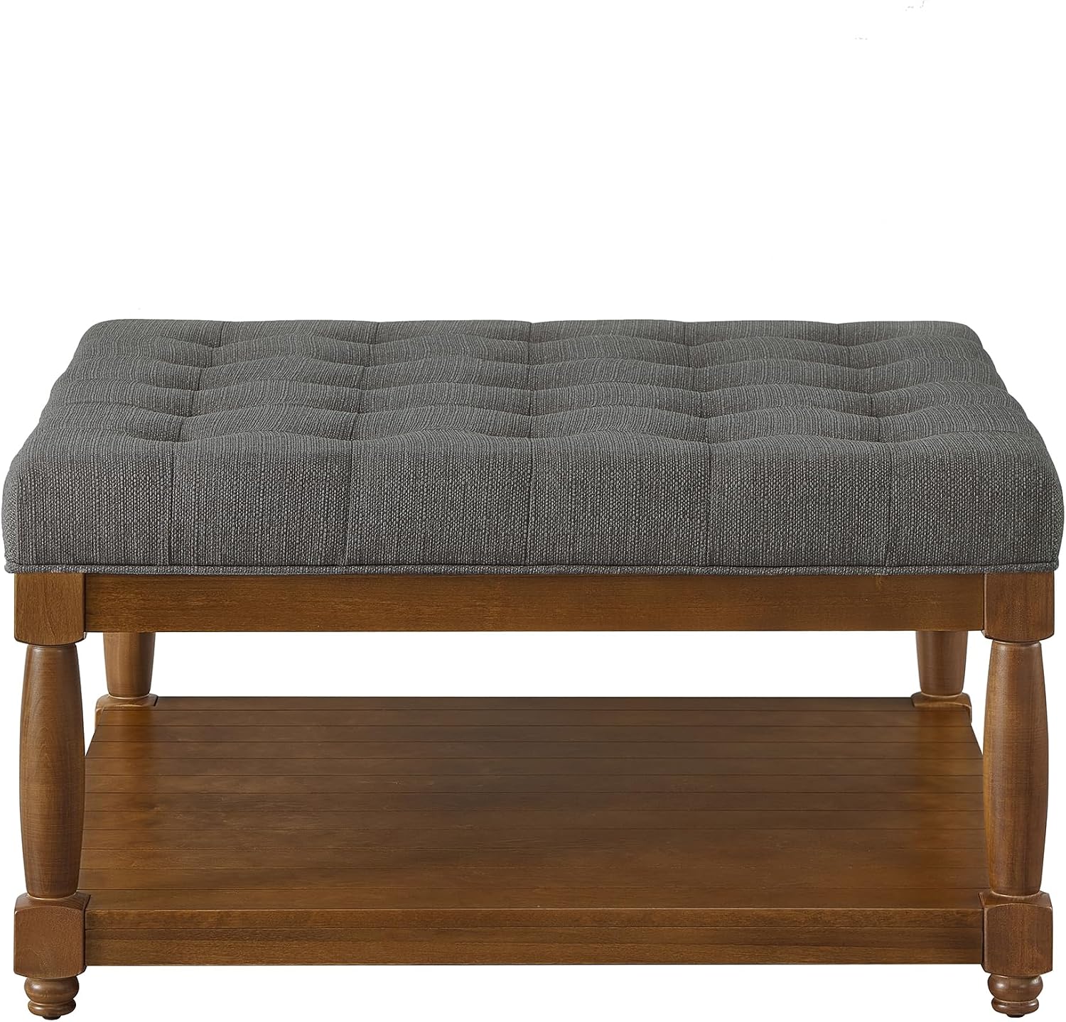 24KF Upholstered Square Coffee Table with Wooden Shelf, Tufted Button Large Square Ottoman with Spindle Wooden Legs, Linen Large Footrest Ottoman Pouf for Living Room, 5097-Granite