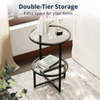 Cozy Castle End Tables Set of 2 for Living Room, Round Tempered Glass Side Tables with 2-Tier Storage Shelf, Modern Metal End Table for Couch, Bedroom, Apartment, Black