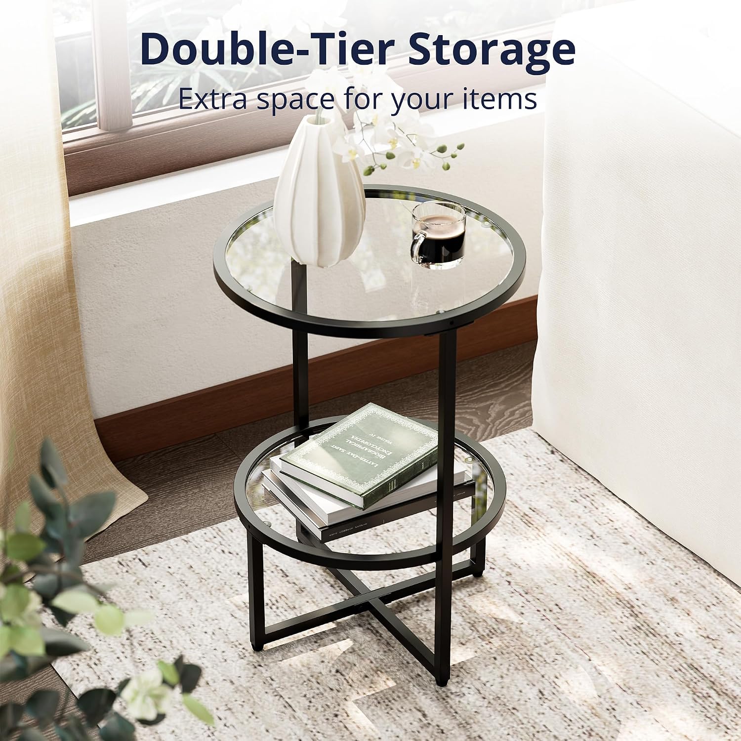 Cozy Castle End Tables Set of 2 for Living Room, Round Tempered Glass Side Tables with 2-Tier Storage Shelf, Modern Metal End Table for Couch, Bedroom, Apartment, Black