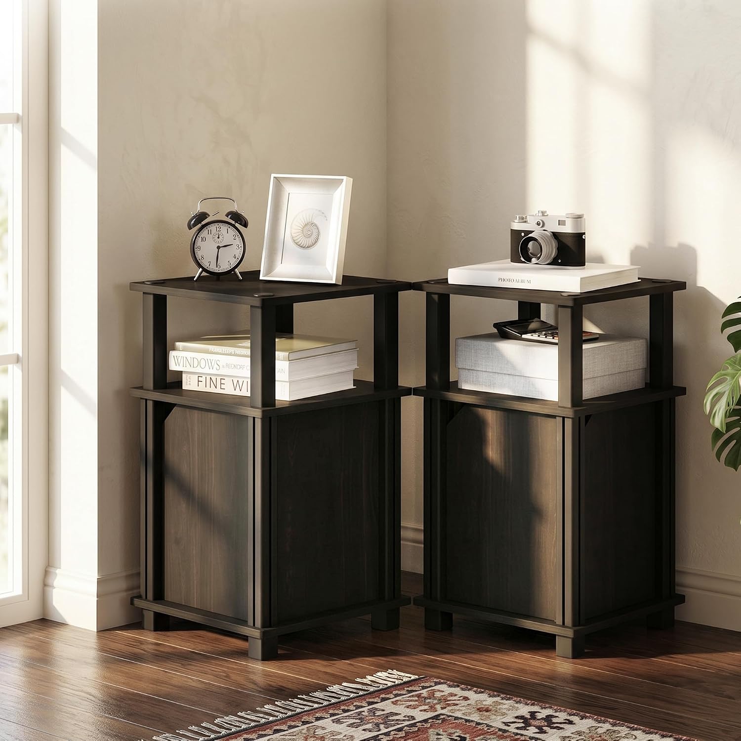 JUST Side Table Set of 2, 3-Tier Modern Square End Table with Door Cabinet, Night Stand, Bedside Table with Open Shelf, Easy Assembly, for Living Room, Bedroom, Espresso