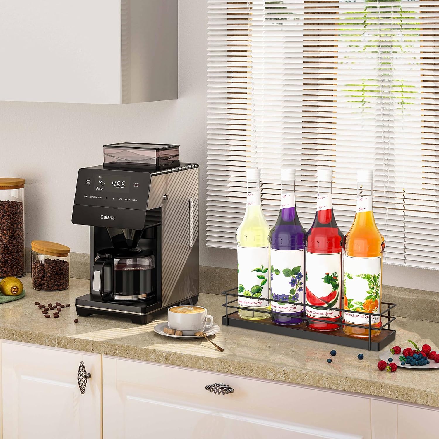 Alyoen Coffee Syrup Rack Organizer, Syrup Holder Stand for Coffee Bar, 4 Bottles Small Coffee Bar Organizer Shelf, Coffee Station Organizer for Countertop Wine, Liquor