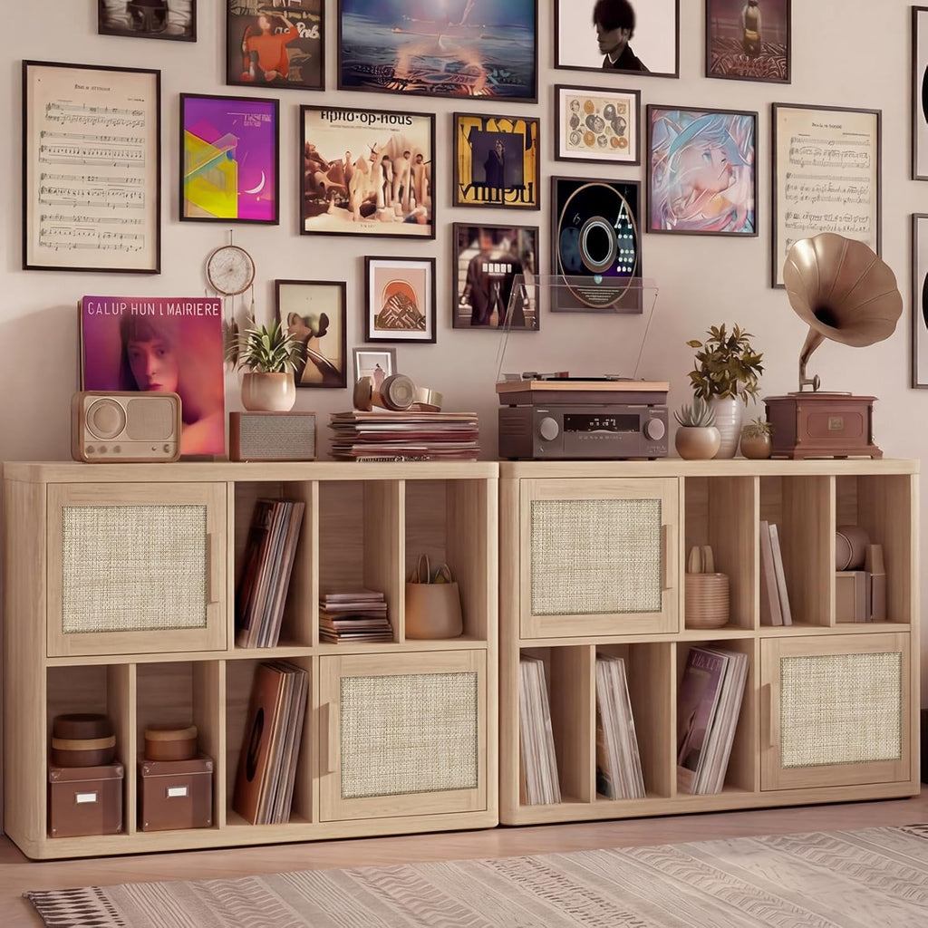 LELELINKY Large Record Player Stand - 39.5" Record Cabinet with Open Vinyl Storage Holds up to 400 Albums, Bohemian Vinyl Player Table with Rattan Doors, Turntable Stand for Living Room, Natural Oak