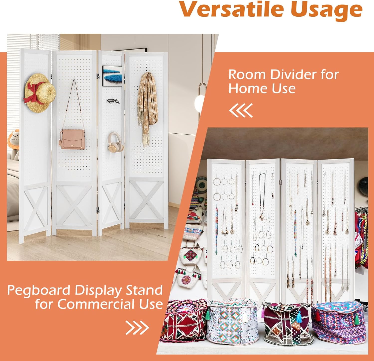 GOFLAME 4 Panel Pegboard Freestanding, 5.6 FT Display Stand with Solid Wood Frame, Foldable Privacy Screen, Room Separator, Display Board Organizer for Retail, Craft Show, White