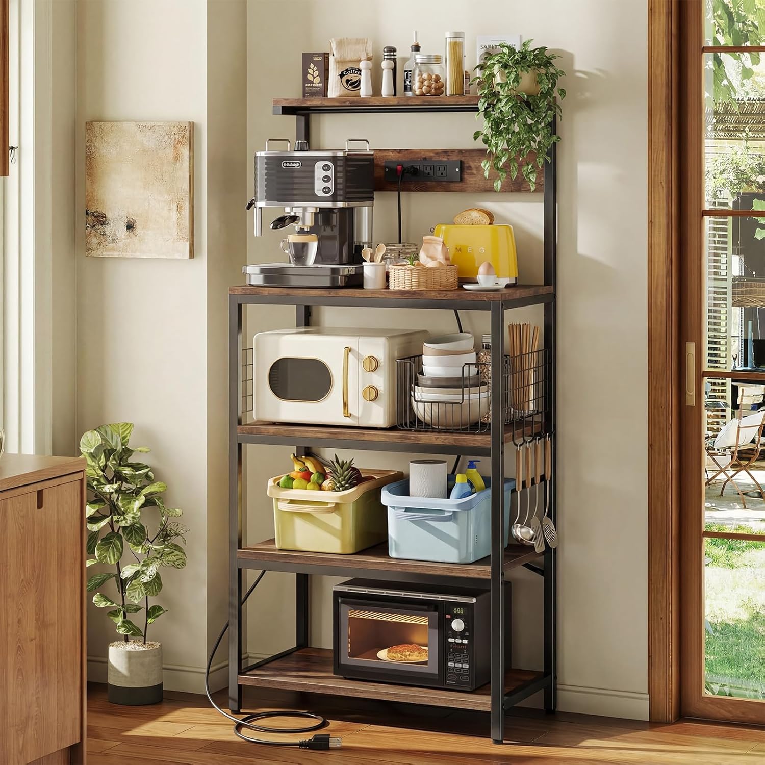DUMOS Kitchen Bakers Rack with Power Outlet, 23.6-Inch Microwave Oven Stand, Coffee Bar Station with 3-Tier Adjustable Storage Shelf, Small Appliance Organizer for Spices, Pots and Pans, Brown