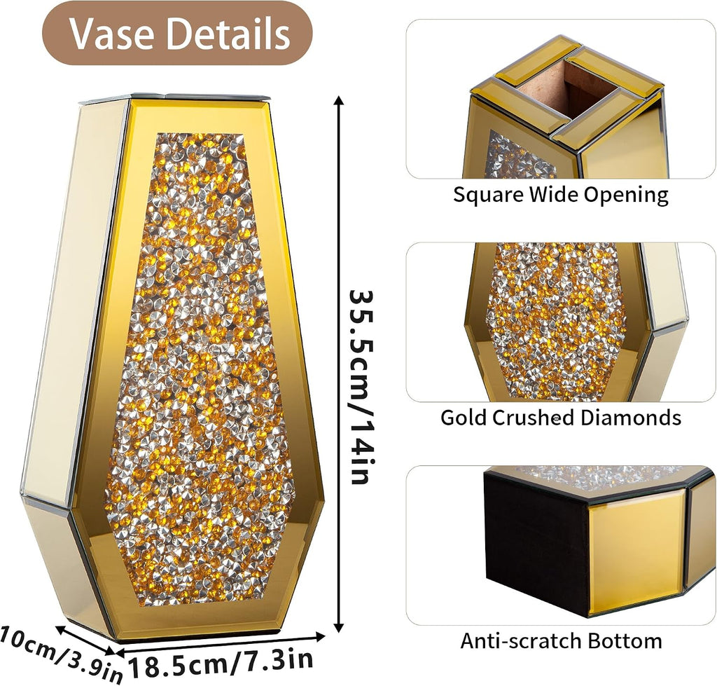 Luxury Crystal Glass Flower Vase Crushed Diamond Vase, Gold Mirror Finish, 14 inches Tall, Decorative Rhinestone Centerpiece for Home
