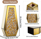 Luxury Crystal Glass Flower Vase Crushed Diamond Vase, Gold Mirror Finish, 14 inches Tall, Decorative Rhinestone Centerpiece for Home