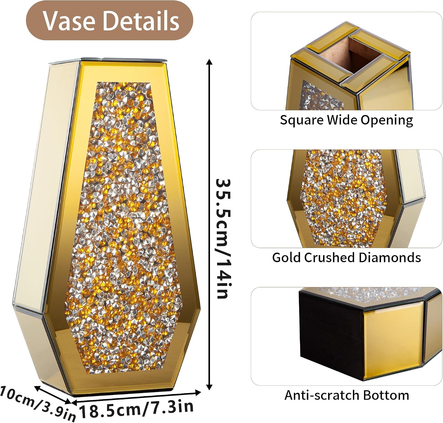 Luxury Crystal Glass Flower Vase Crushed Diamond Vase, Gold Mirror Finish, 14 inches Tall, Decorative Rhinestone Centerpiece for Home