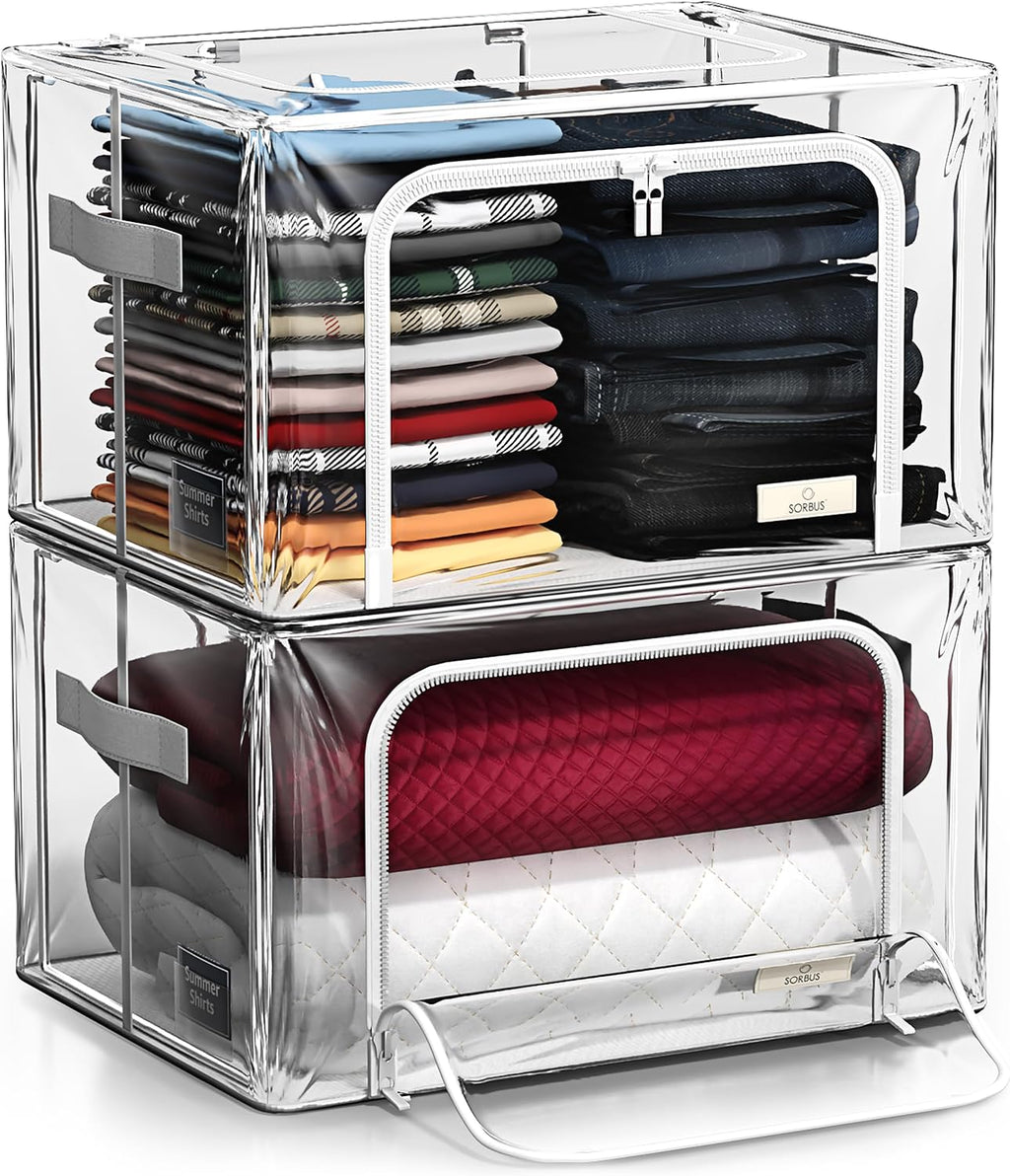 Sorbus Storage Bins with Metal Frame - Stackable & Foldable Clothes Organizer Bags - Clear Soft Plastic Storage Containers (2 Pack, Medium)