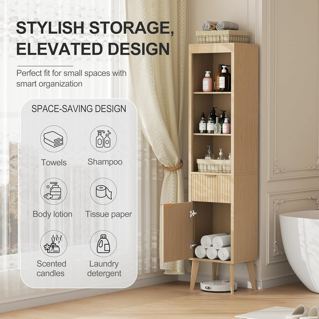 70" H Tall Storage Cabinet, Fluted Freestanding Floor Organizer for Bathroom, Kitchen Pantry, Utility Room, w/Drawer & Adjustable Shelves, Modern Accent in Natural Wood