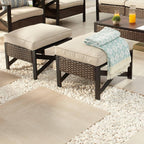 Outdoor Cushioned Ottoman Square Wicker Patio Furniture Ottoman with Beige Cushion Metal Steel Frame