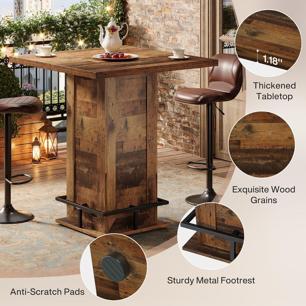 Tribesigns 39.4" H Square Bar Table, Industrial High Top Bistro Pub Cocktail Table with Metal Footrest for Kitchen Nook, Home Bar, Small Bars, Dark Brown (Table Only)