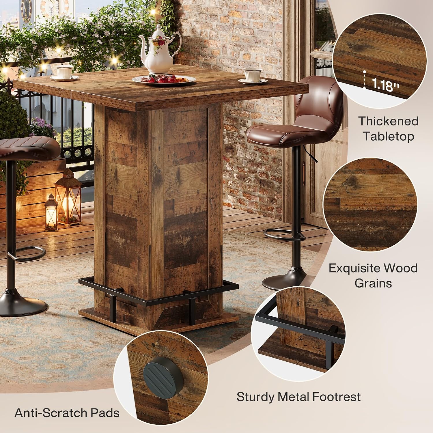 Tribesigns 39.4" H Square Bar Table, Industrial High Top Bistro Pub Cocktail Table with Metal Footrest for Kitchen Nook, Home Bar, Small Bars, Dark Brown (Table Only)