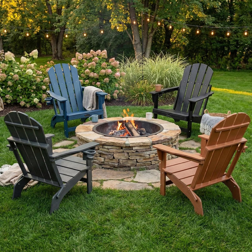 FUNBERRY Folding Adirondack Chairs Set of 2, HDPE Stable Gun-Leg Design Fire Pit Chairs with Cupholder All Weather for Outside