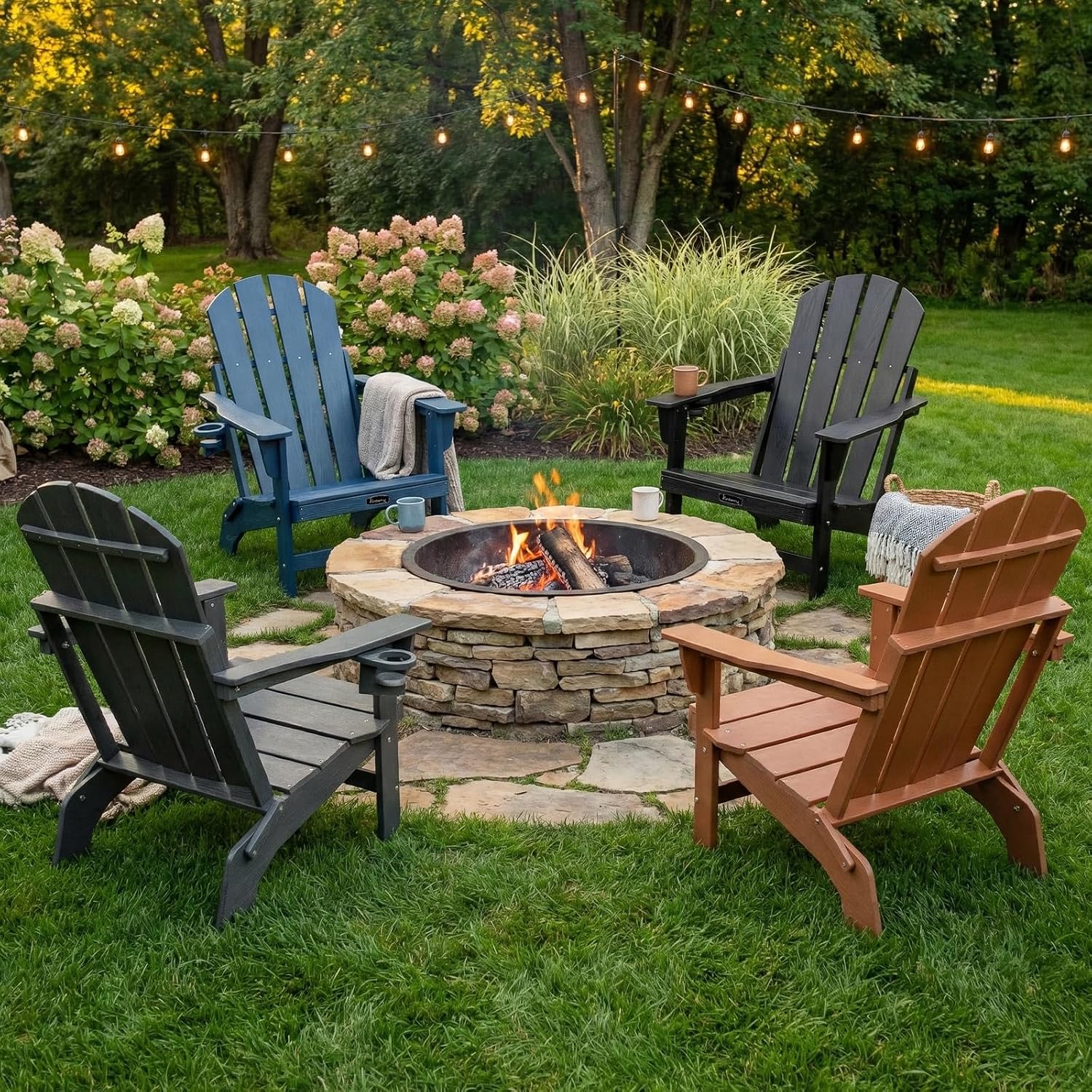 FUNBERRY Folding Adirondack Chairs Set of 2, HDPE Stable Gun-Leg Design Fire Pit Chairs with Cupholder All Weather for Outside