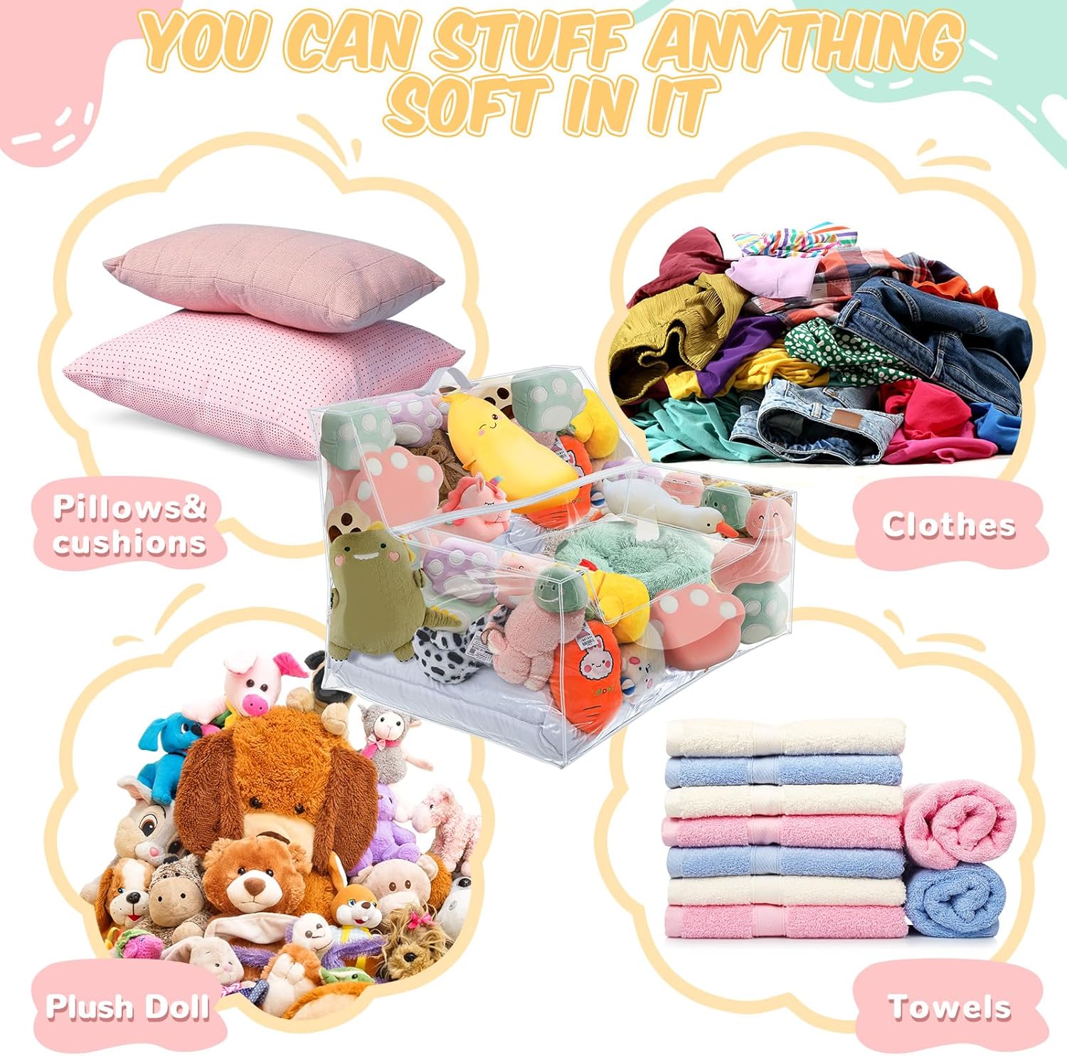 Teenyyou Stuffed Animal Storage Bean Bag Chair Sofa Cover Zipper Large Transparent PVC Stuffed Animal Organizer Bean Bag Seat Only for Organizing Rooms Plush Toys When Filled(38 Inch,Sofa Style)