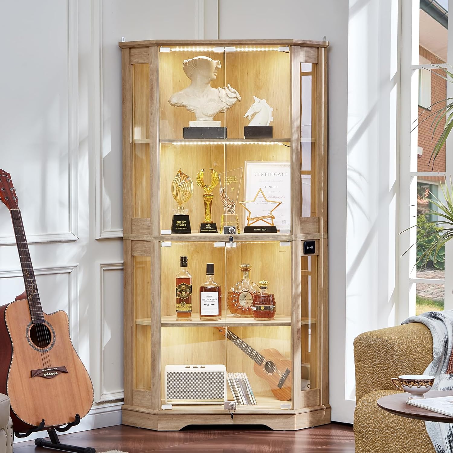LELELINKY Farmhouse Corner Display Cabinet with Glass Doors, Corner Curio Cabinet with 3-Color LED Motion-Sensor Light, Reinforced Base, Natural