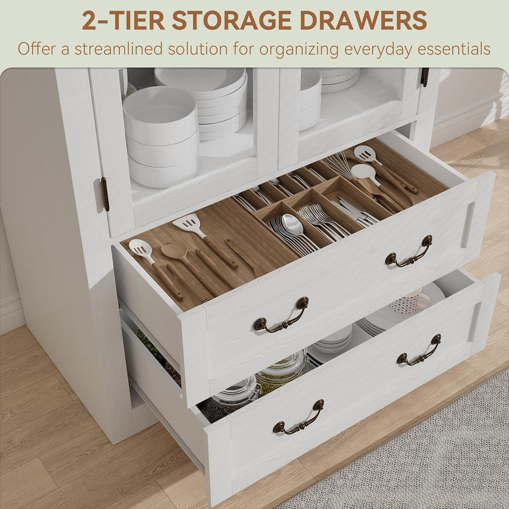 71" Tall Arched Kitchen Pantry Cabinet, Farmhouse Modern Wood Arched Cabinets with Glass Doors & 2 Large Drawers, Perfect for Kitchen, Dining Room, Living Room, Bathroom White