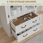 71" Tall Arched Kitchen Pantry Cabinet, Farmhouse Modern Wood Arched Cabinets with Glass Doors & 2 Large Drawers, Perfect for Kitchen, Dining Room, Living Room, Bathroom White