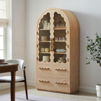 Modway Rory 76 Inch Arched Kitchen Pantry Cabinet with Glass Doors in Light Oak - Vintage Retro Accent Display Stand for Dining Room, Living Room, Hallway