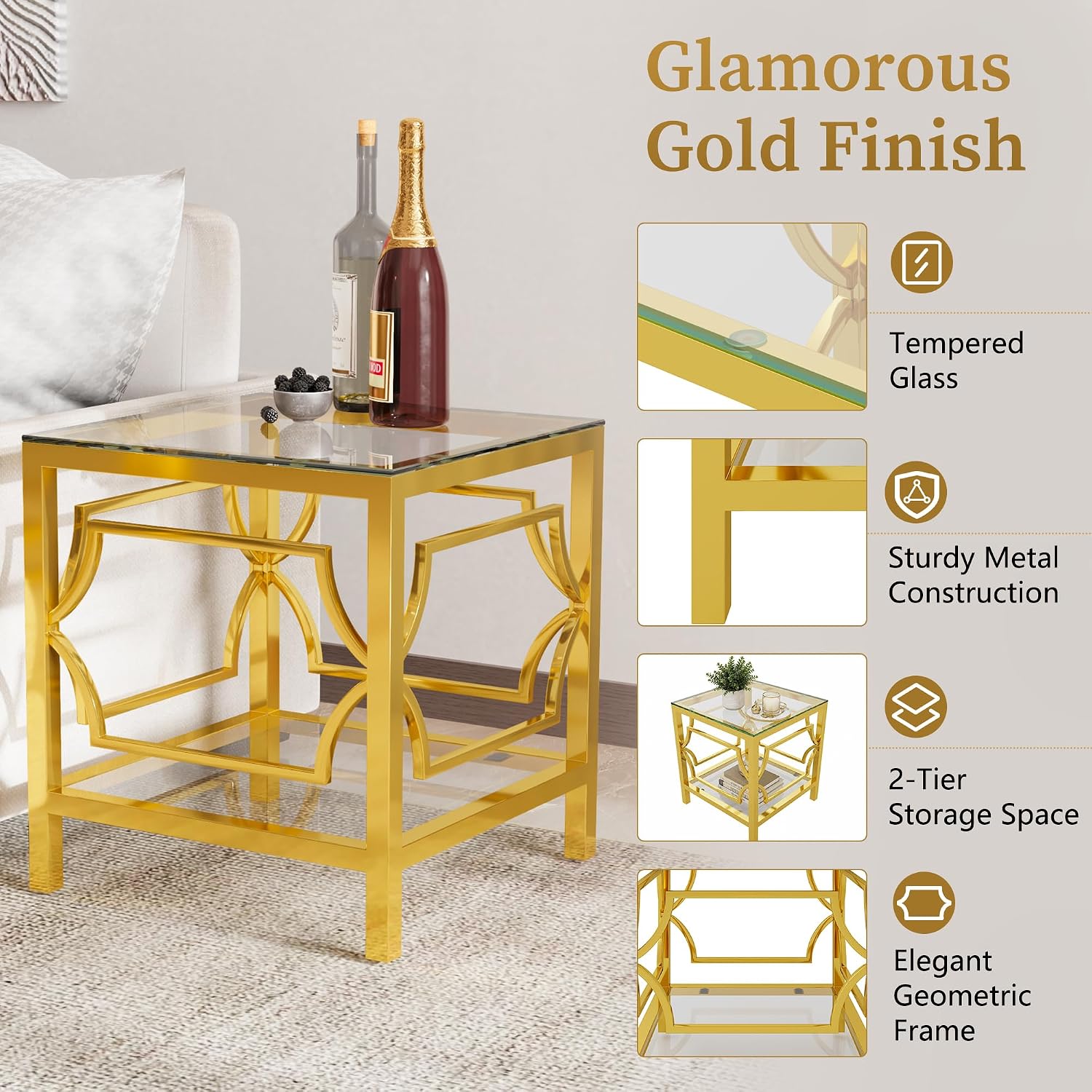 Modern 19.7" Square Glass Side Table for Living Room Luxury 2-Tier Storage End Table with Clear Tempered Glass Top and Gold Frame