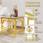 19.7" Modern Square Side Table with Tempered Glass Top & Storage Shelf, Luxury Glam End Table with Metal Frame for Living Room, Bedroom, Sofa Side, Small Space Accent Table