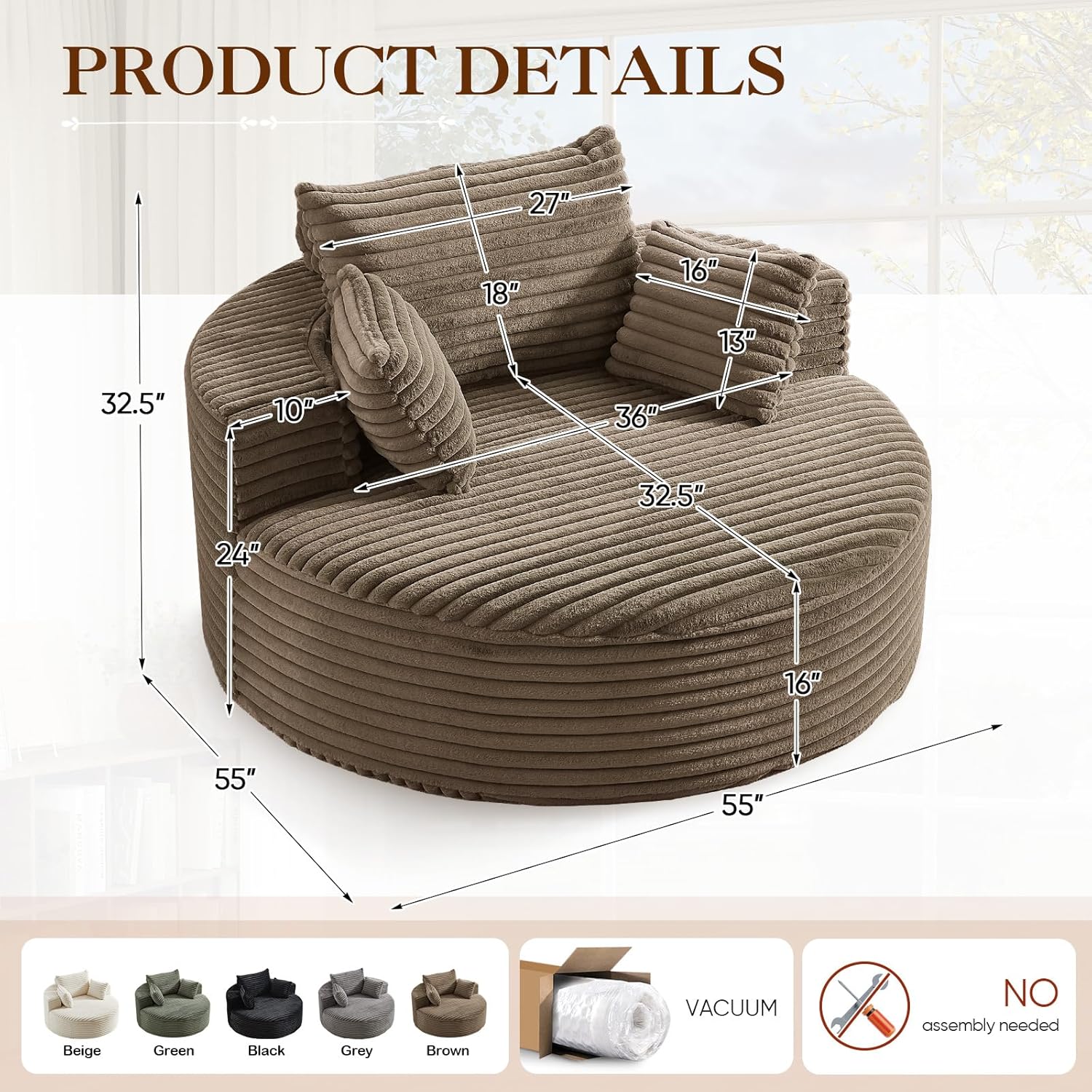 Oversized Round Chaise Longue Chair Indoor, Modern 55-inch Upholstered Corduroy Deep Seat Circle Single Cloud Lounge Floor Sofa Chair for Living Room, Bedroom Apartment, Brown