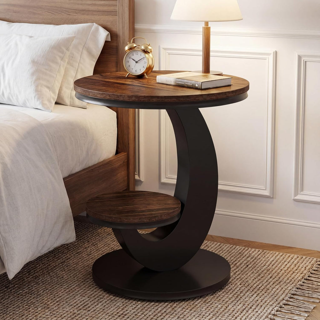 Tribesigns Round End Table with 2-Tier Shelf Storage,C Shaped Wood Side Table for Couch with Metal Frame,Modern Nightstand Accent Table for Living Room,Bedroom,Small Space (Brown)